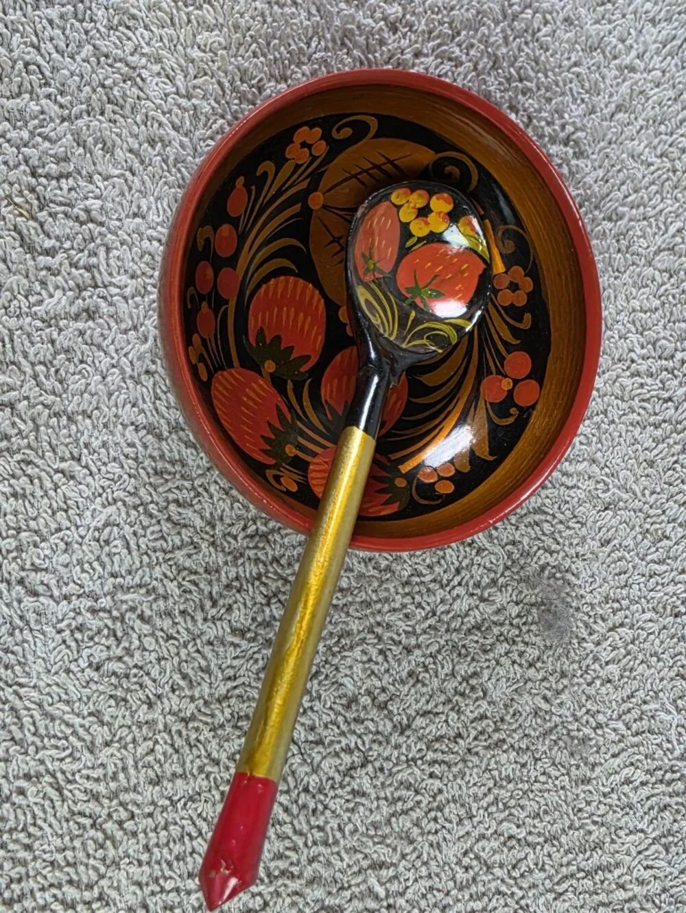 Hand-Painted Russian Style Wooden Bowl & Spoon Set - Black, Red, Gold Floral